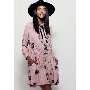 Free People Lena Mini Dress Floral Print Rose Black Red Drawstring Waist sz Smal